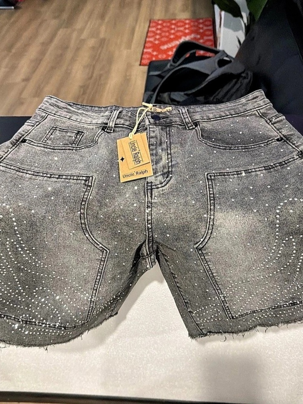 Uncle Ralph Rhinestone Flame Denim Shorts Gray Waist 32